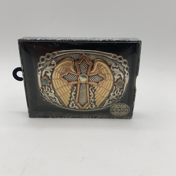 Crumrine Belt Buckle Mens Silver Gold Cross Angel Wings Turquoise Box Western